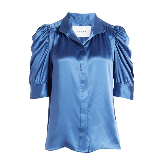 NWT💝FRAME Gillian Silk Collared Puff-Sleeve Top in Slate Blue Size S - Picture 2 of 16